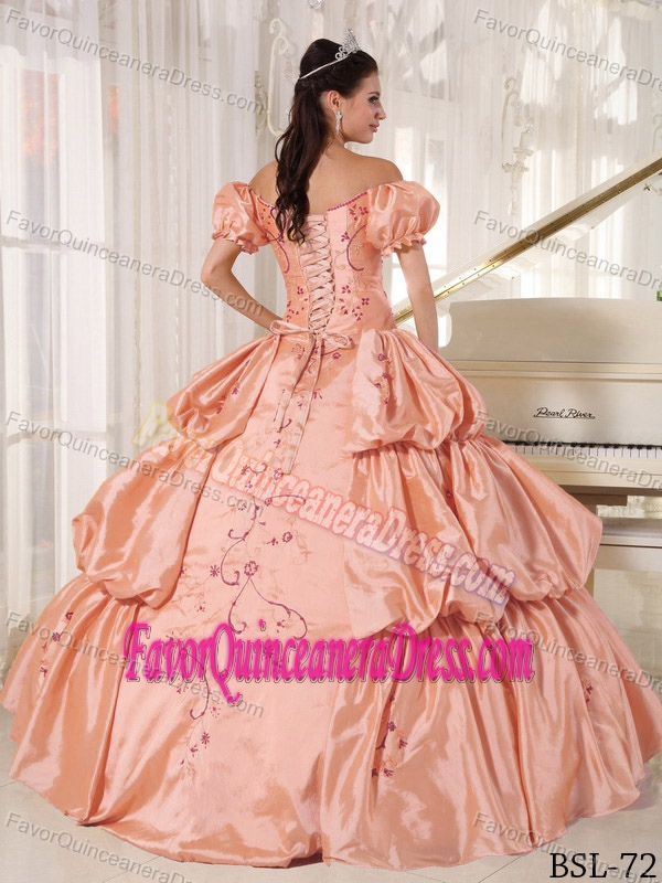 Off the Shoulder Floor-length Taffeta Quinceanera Gown with Embroidery