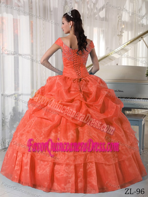 Orange Red Off the Shoulder Beaded Quince Dress in Taffeta and Organza