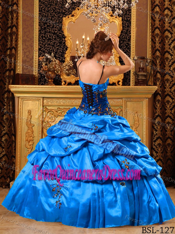 Blue Straps Floor-length Appliqued Quinceanera Gown Dress in Taffeta