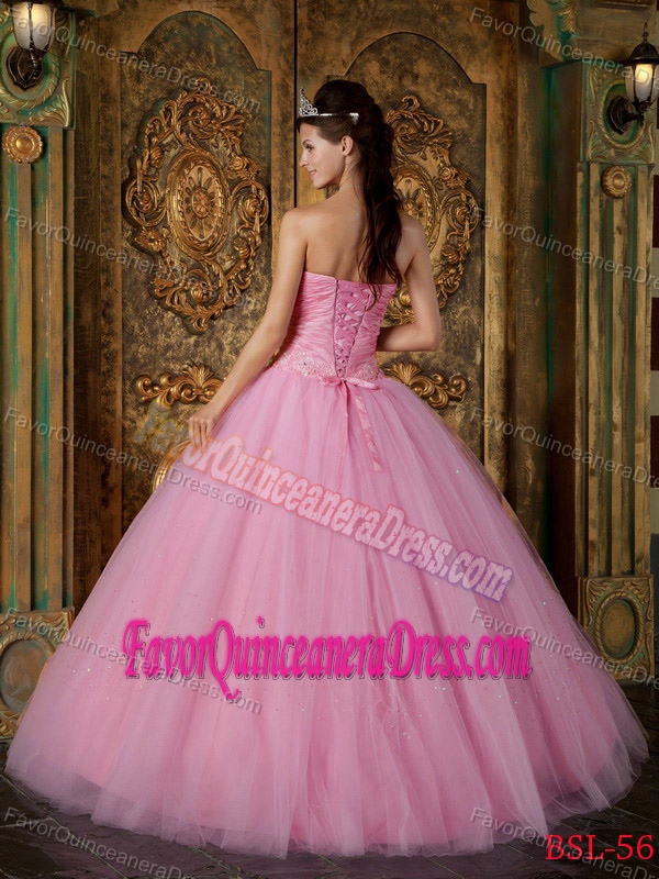 Ornate Strapless Appliqued Tulle Dress for Quinceanera in Rose Pink