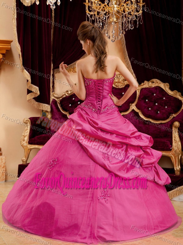 Fuchsia Strapless Taffeta Appliqued Quinceanera Gown with Pick-ups