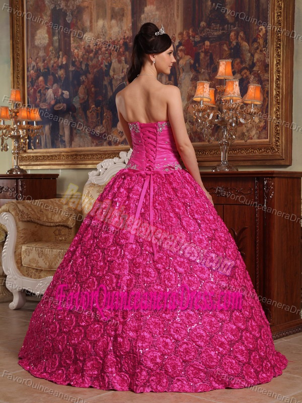 Strapless Appliqued Quinceanera Dress with Rolling Flowers in Hot Pink