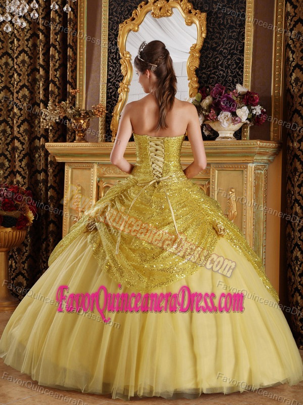 Gold Sweetheart Sequined Tulle Quinceanera Gown with Hand Flowers