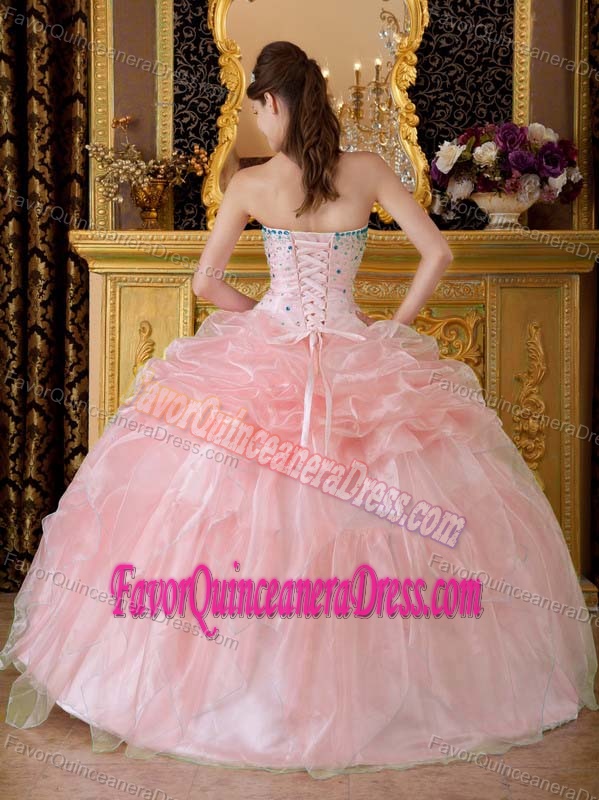 Pink Strapless Floor-length Organza Quinceanera Dresses with Beading