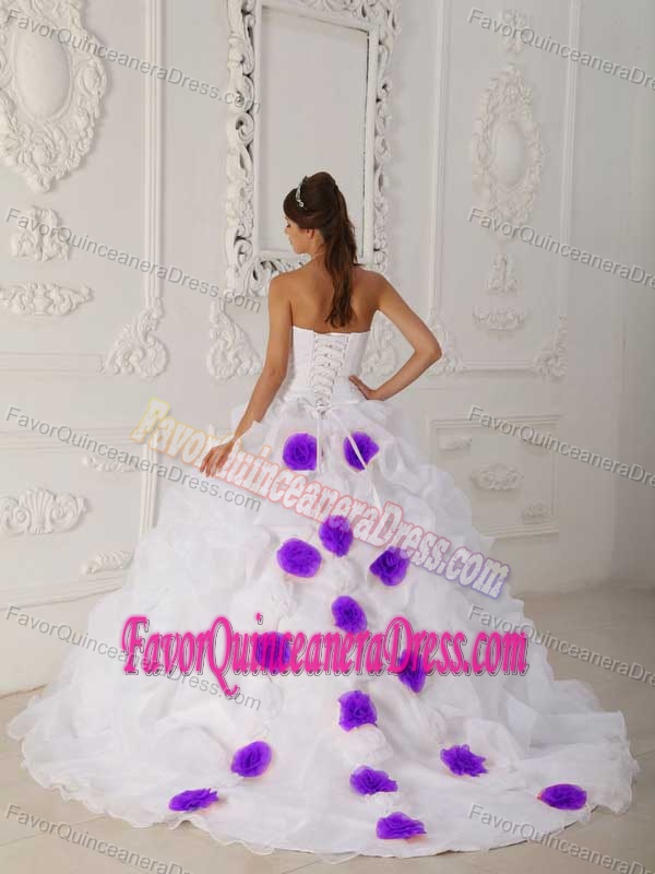 Pure White Organza Strapless Court Train Quince Dresses with Pick-ups