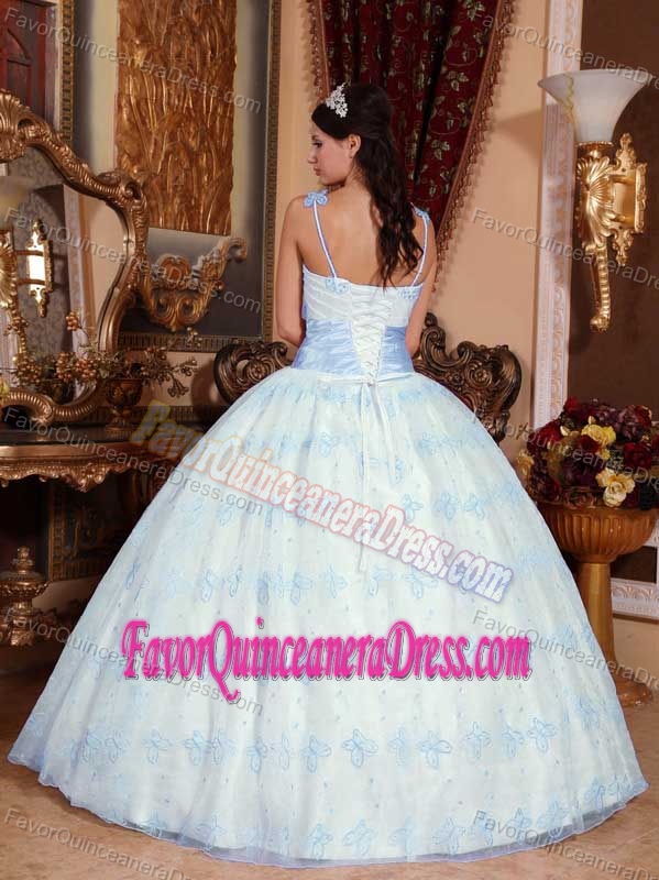 Light Blue Spaghetti Straps Floor-length Dresses for Quince in Organza