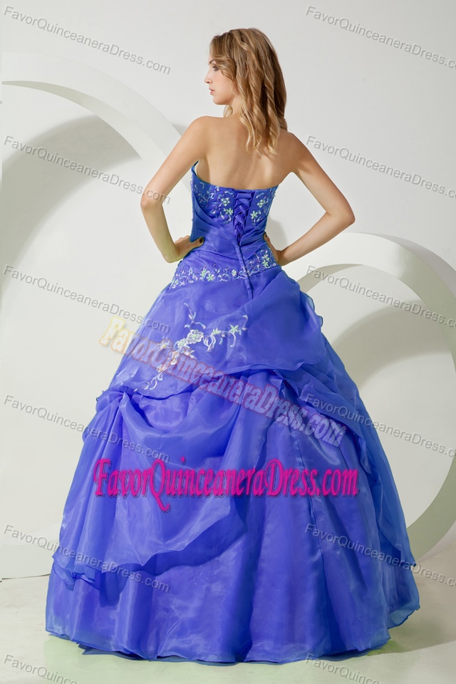 Purple Strapless Floor-length Chiffon Quince Dresses with Embroidery