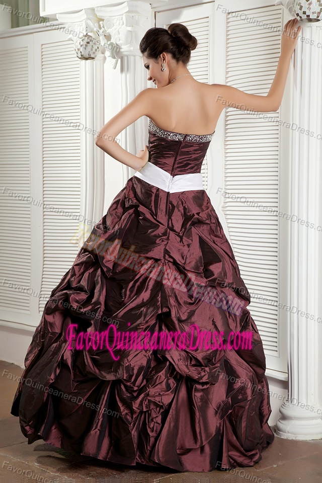 Burgundy Sweetheart Taffeta Quince Dress with Bowknot and Pick-ups