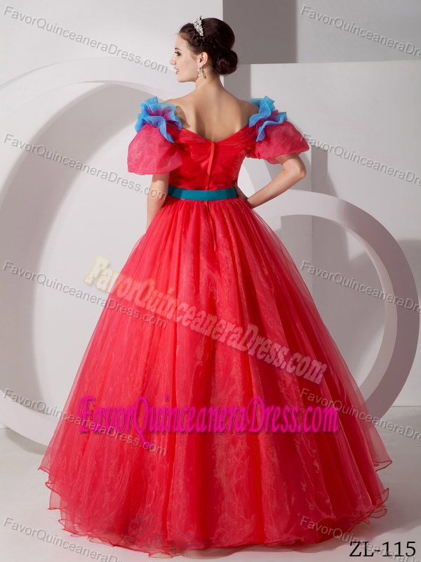 Stunning V-neck Red and Blue Organza Dress for Quinceaneras with Flowers
