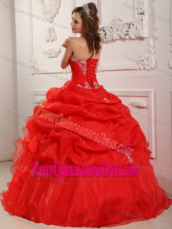 Bright Red Floor-length Organza Dress for Quince with Beading And Ruffles