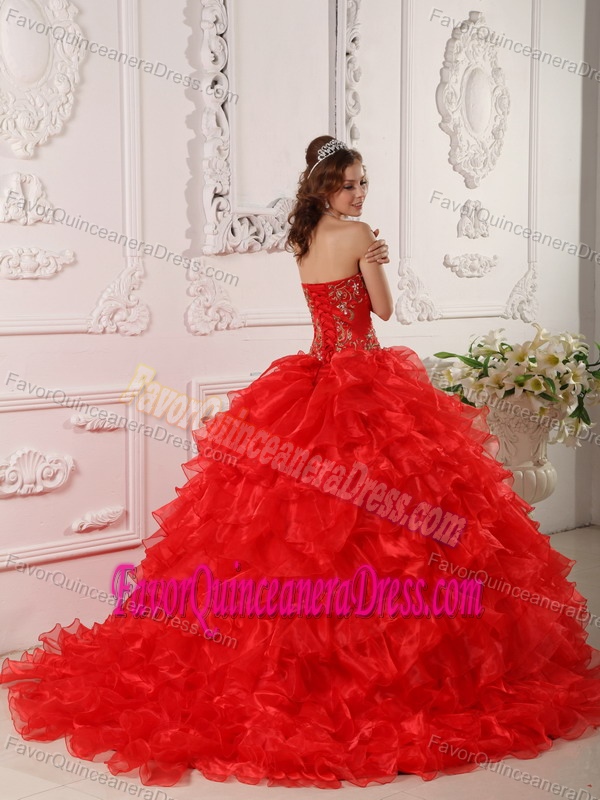 Dramatic Organza Ruffles And Embroidery Dresses for Quinceanera in Red