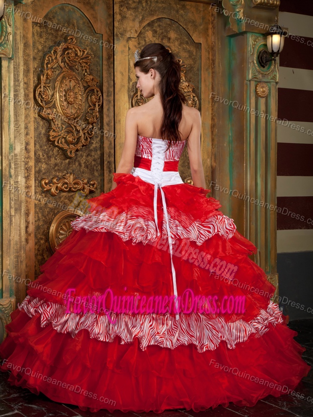 Dreamy Red Ball Gown Floor-length Organza and Zebra Quinceanera Gowns