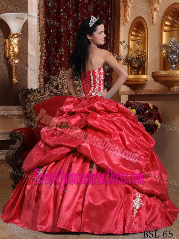 Lovely Strapless Floor-length Taffeta Dresses for Quinceanera in Coral Red