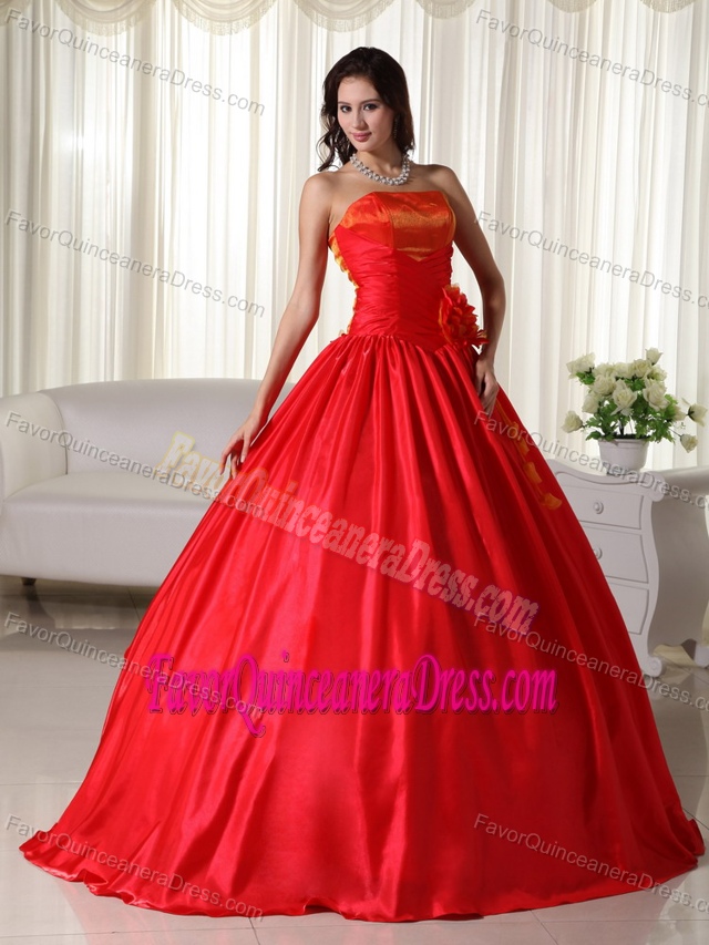 Exclusive Strapless Floor-length Taffeta Ruched Sweet Sixteen Dresses in Red