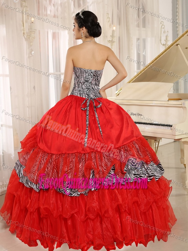 Beautiful Red Sweetheart Ruffles Quinceanera Dress with Zebra and Beading