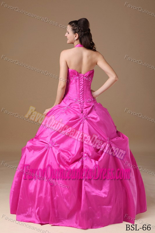 Chic Floor-length Taffeta Beaded Ball Gown Quinceanera Dress with Halter
