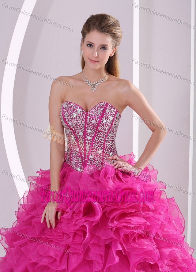 Fuchsia Sweetheart Ball Gown Beaded Dress for Quinceanera with Ruffles