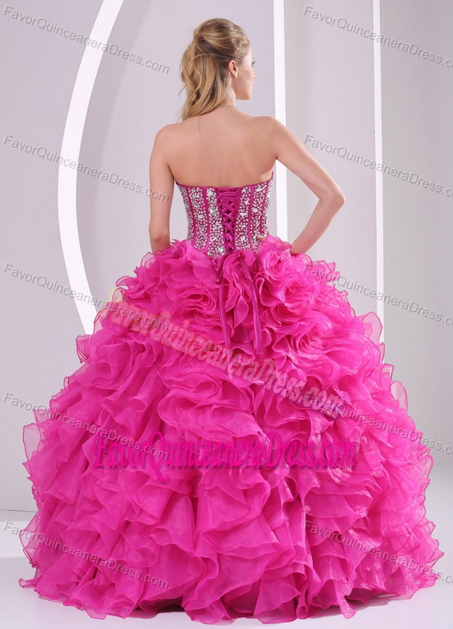 Fuchsia Sweetheart Ball Gown Beaded Dress for Quinceanera with Ruffles
