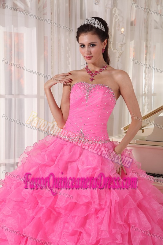 Strapless Floor-length Organza Beaded Ball Gown Quinces Dresses in Hot Pink