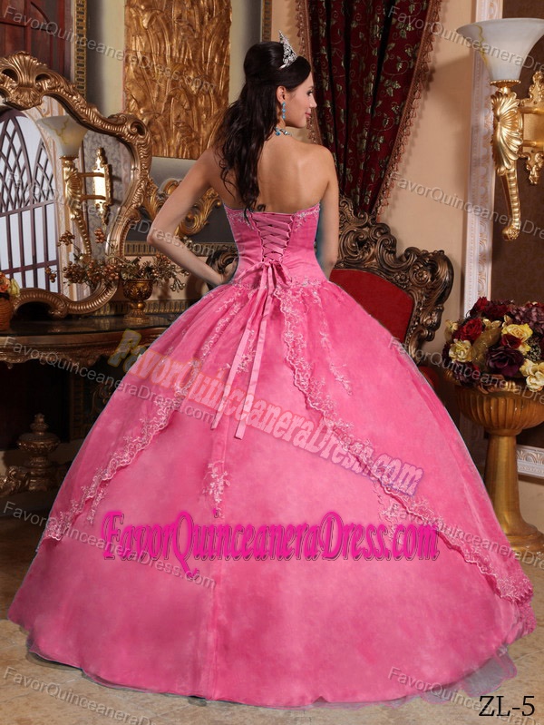 Organza Hot Pink Ball Gown Strapless Quinceanera Dresses with Appliques