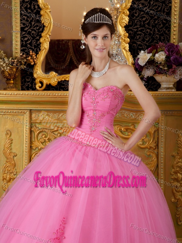 Sweetheart Floor-length Tulle Rose Pink Ball Gown Quince Dresses with Appliques
