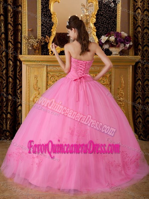 Sweetheart Floor-length Tulle Rose Pink Ball Gown Quince Dresses with Appliques
