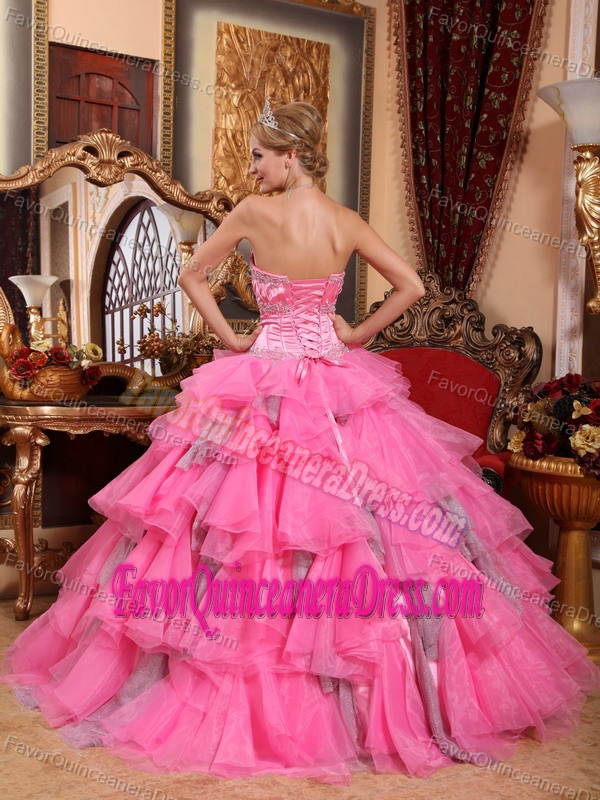 Organza Beaded Rose Pink Ball Gown Quinceanera Dresses with Sweetheart