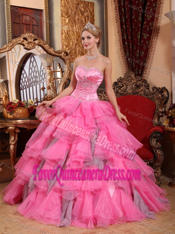Organza Beaded Rose Pink Ball Gown Quinceanera Dresses with Sweetheart