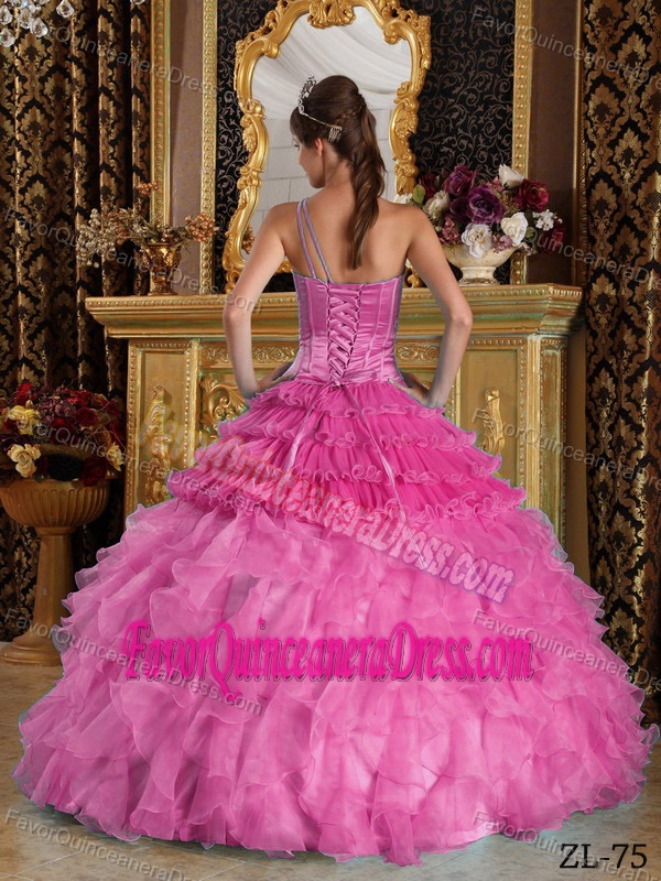 One Shoulder Floor-length Beaded Hot Pink Quince Dresses in Satin and Organza