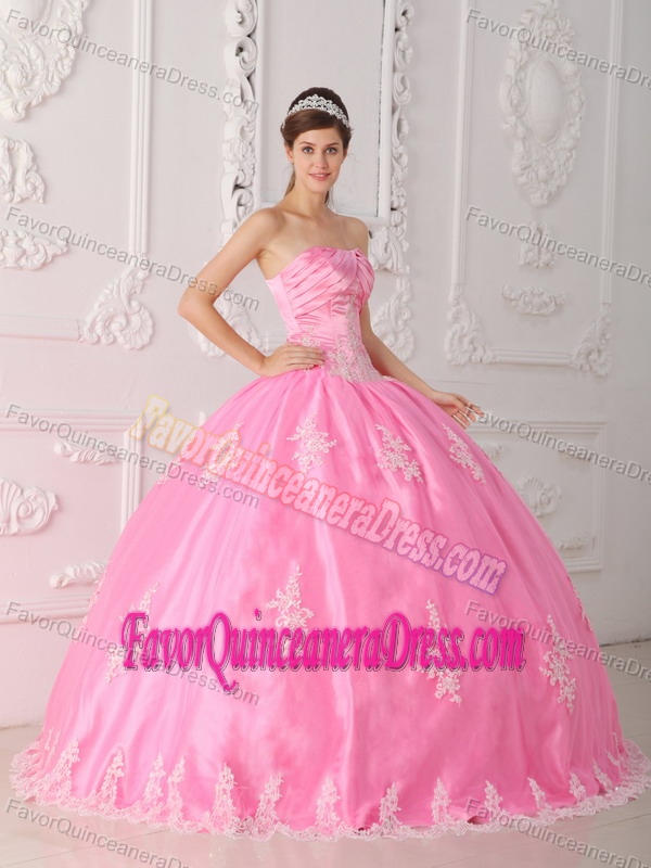 Appliqued Pink Ball Gown Strapless Floor-length 2013 Dress for Quince in Lace