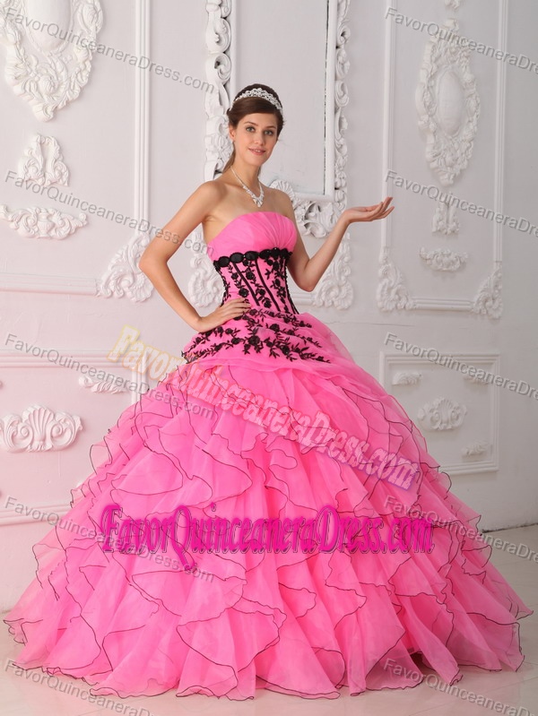 Sweet Ball Gown Strapless Appliqued and Ruffled Quinceanera Gown in Hot Pink