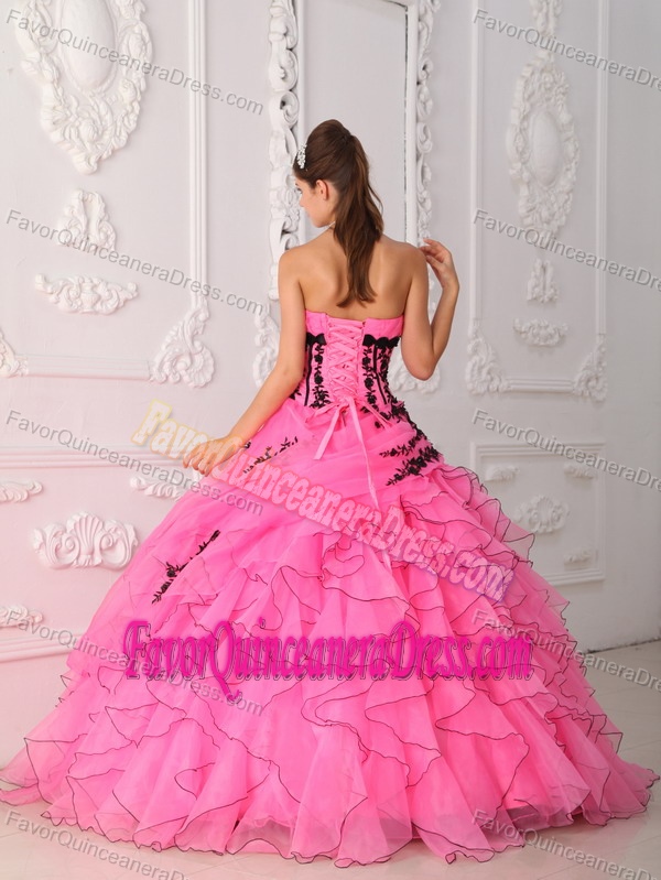 Sweet Ball Gown Strapless Appliqued and Ruffled Quinceanera Gown in Hot Pink