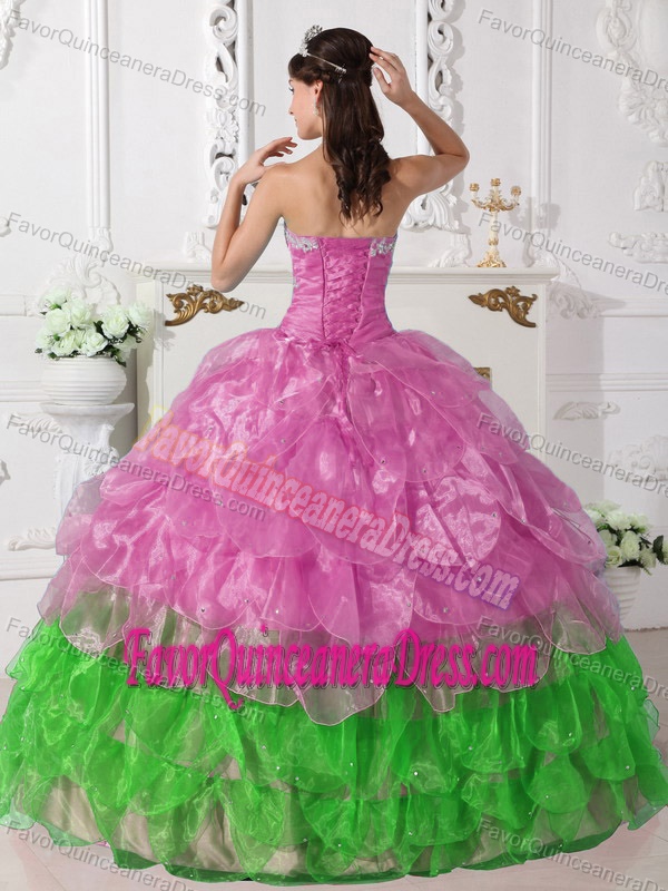 Colorful Pink and Green Ball Gown Strapless Quinceanera Dress with Appliques