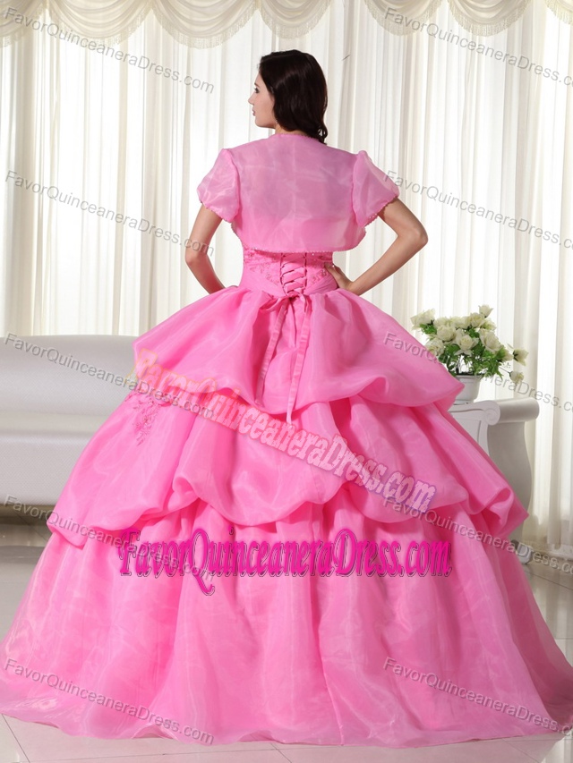 Rose Pink Ball Gown Strapless Quinceanera Dress with Hand Made Flowers