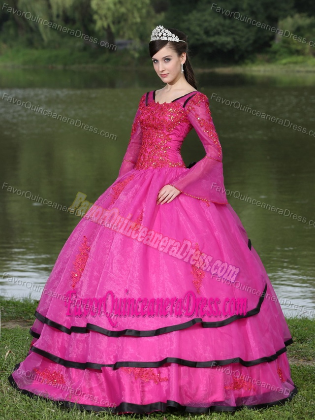 Popular Fuchsia Beaded Quinceanera Dress with Long Sleeves and Appliques