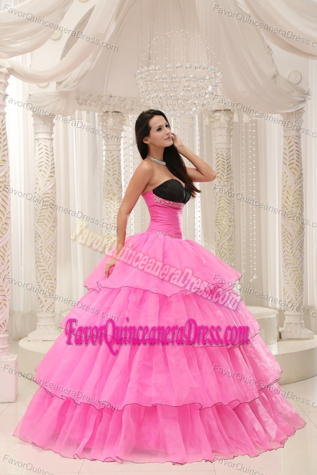 Rose Pink and Black Sweetheart Beaded 2015 Quinceanera Dress with Layers