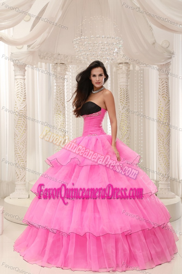 Rose Pink and Black Sweetheart Beaded 2015 Quinceanera Dress with Layers