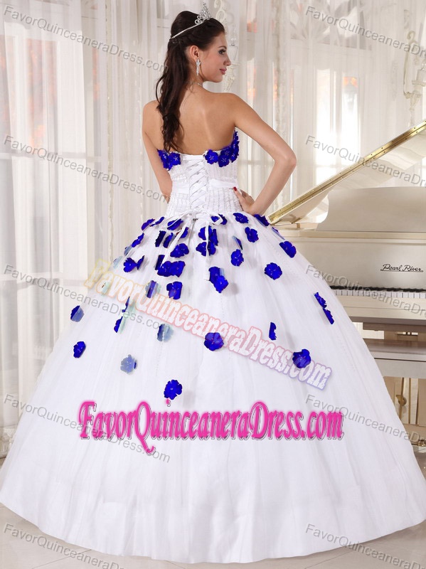 2014 White and Blue Tulle Beaded Quinceanera Dress with Hand Made Flowers