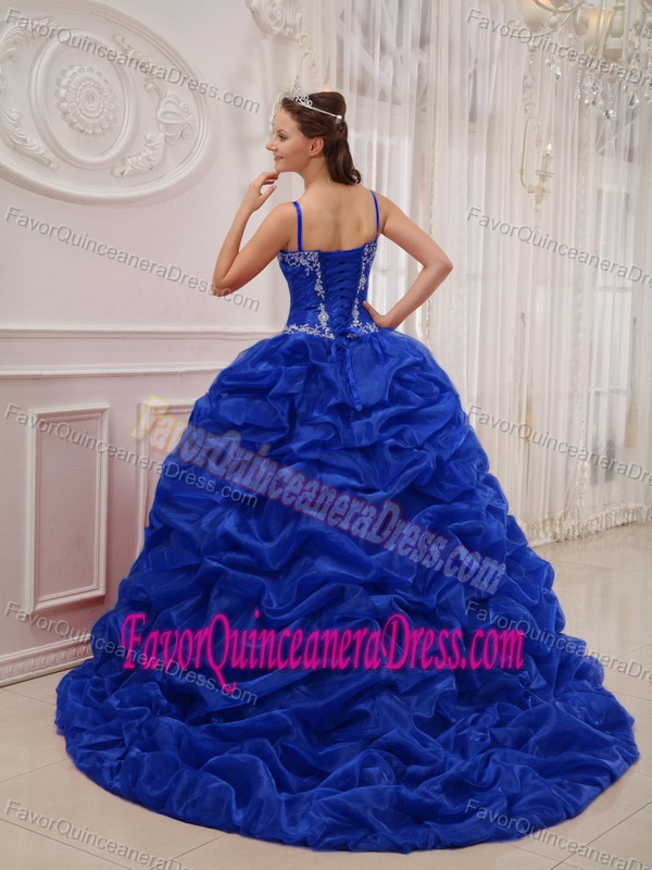 Royal Blue Appliques Quinceanera Dresses with Spaghetti Straps and Pick-ups