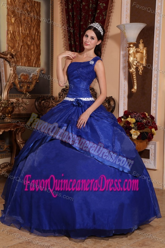 Pretty Royal Blue Ball Gown One Shoulder Quinceanera Dresses with Flowers