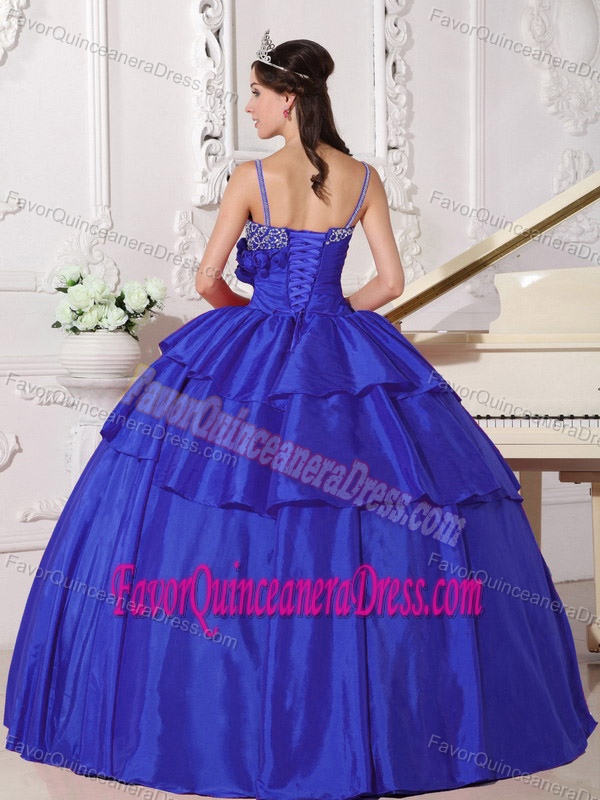 Beautiful Blue Quinceanera Dress with Spaghetti Straps and Hand Made Flowers