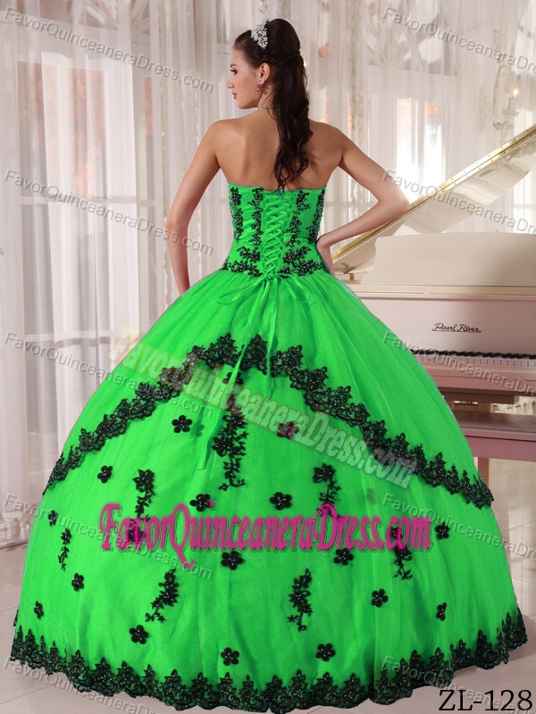 2014 Informal Strapless Green and Black Dress for Quince with Appliques