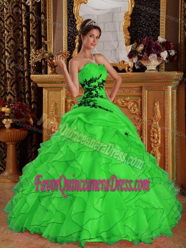 Appliques Sweetheart Organza Dress for Quinceanera with Ruffles in Green