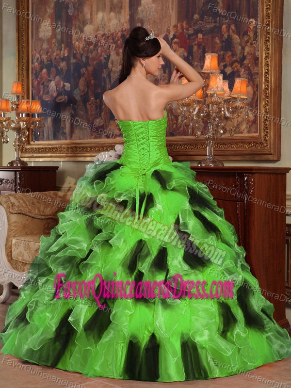 Impressive Ruffled Organza Green and Black Dress for Quince with Ruching