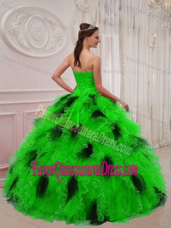 Green and Black Organza Beaded Sweetheart Quinceanera Dress with Ruches