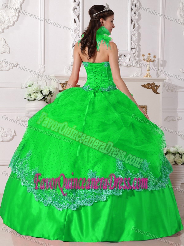 Up-to-date Spring Green Halter Taffeta Dress for Quinceaneras with Appliques
