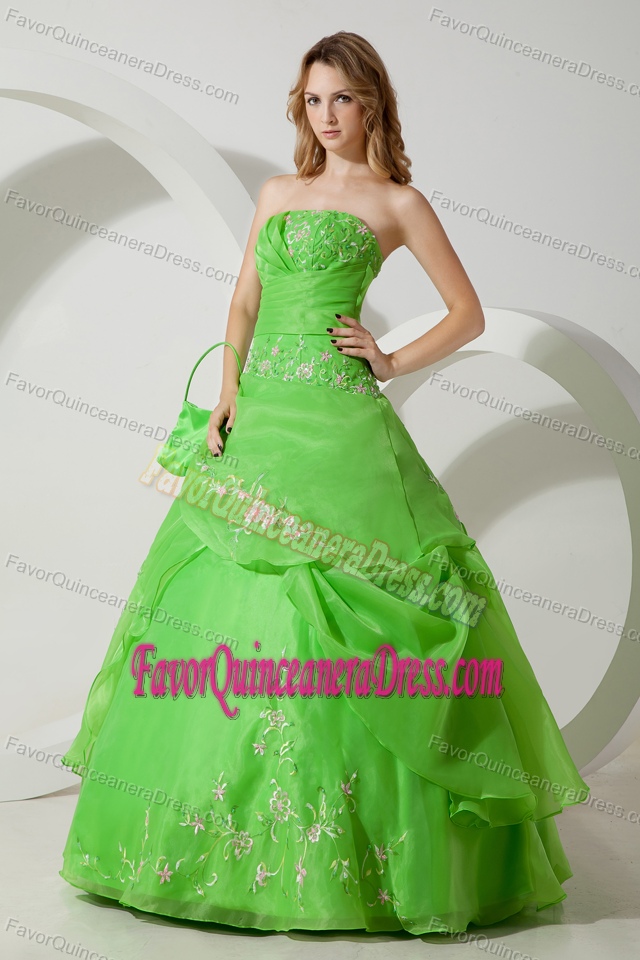 Sharp Green Strapless Chiffon Embroidery Sweet 16 Dresses in Floor-length