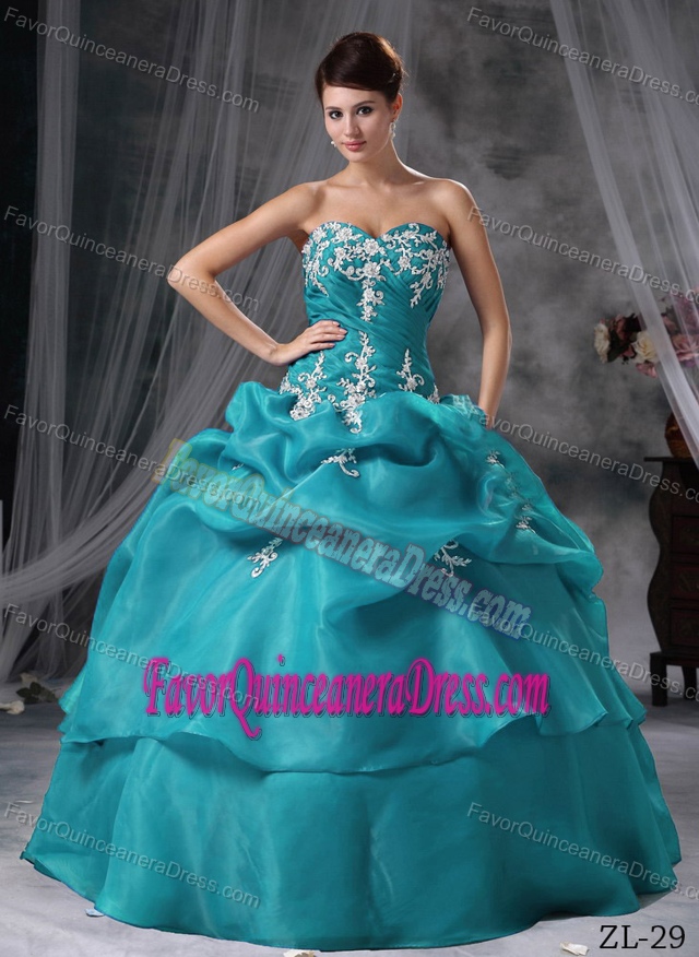 Fashionable Sweetheart Appliqued Teal Organza Quince Dress for Sale