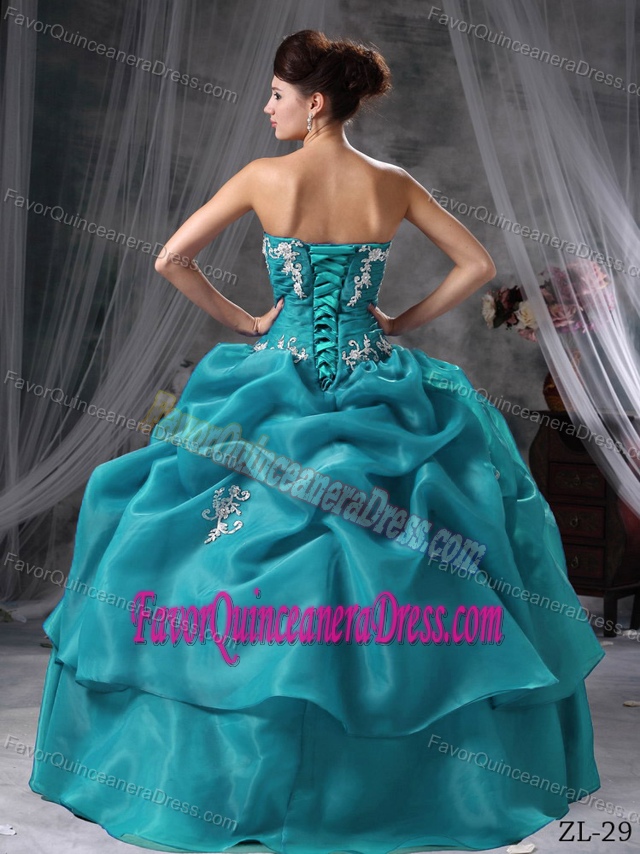 Fashionable Sweetheart Appliqued Teal Organza Quince Dress for Sale