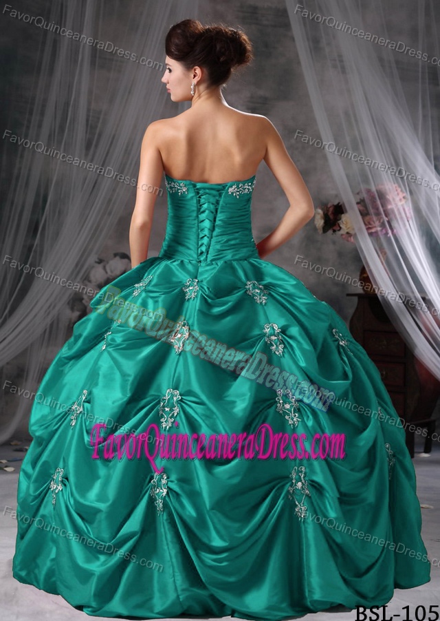 2013 New Strapless Appliqued Turquoise Quinceanera Gowns in Taffeta